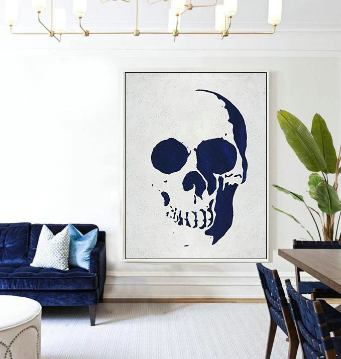 Buy Hand Painted Navy Blue Abstract Painting Skull Art Online,Original Art #D8Y0
